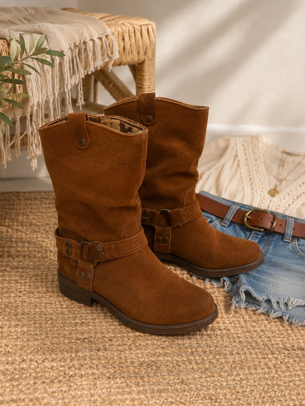 Rocket Dog Brown Suede Harness Moto Western Boots Y2K Boho